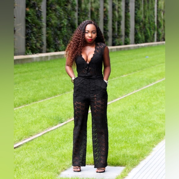 H&M Black Lace Jumpsuit Sheer (lined shorts) plunging neckline so sexy size 4 - Picture 9 of 13